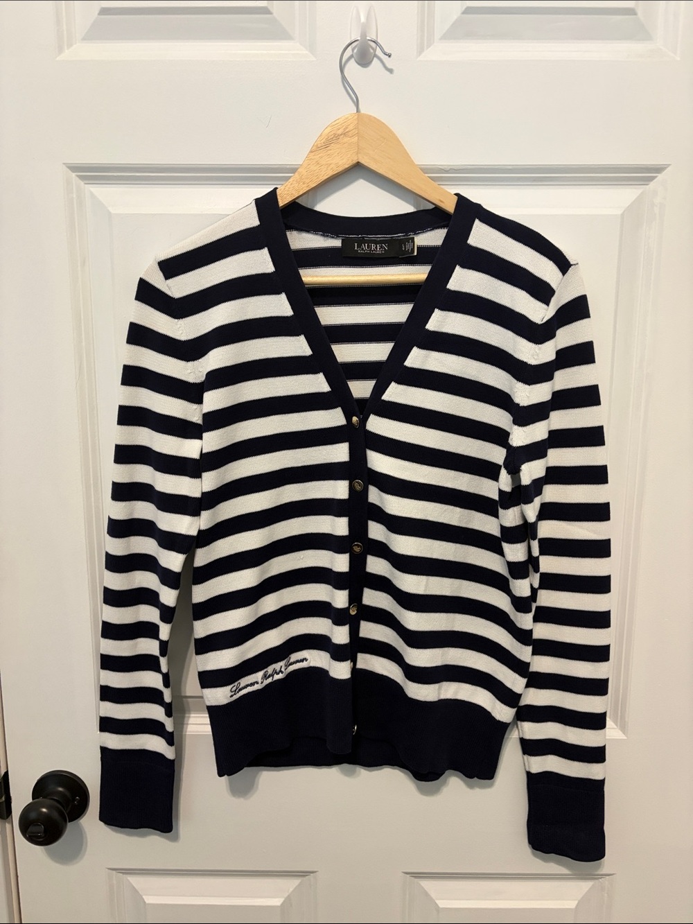 Lauren Ralph Lauren Navy and White Striped V-Neck Cardigan